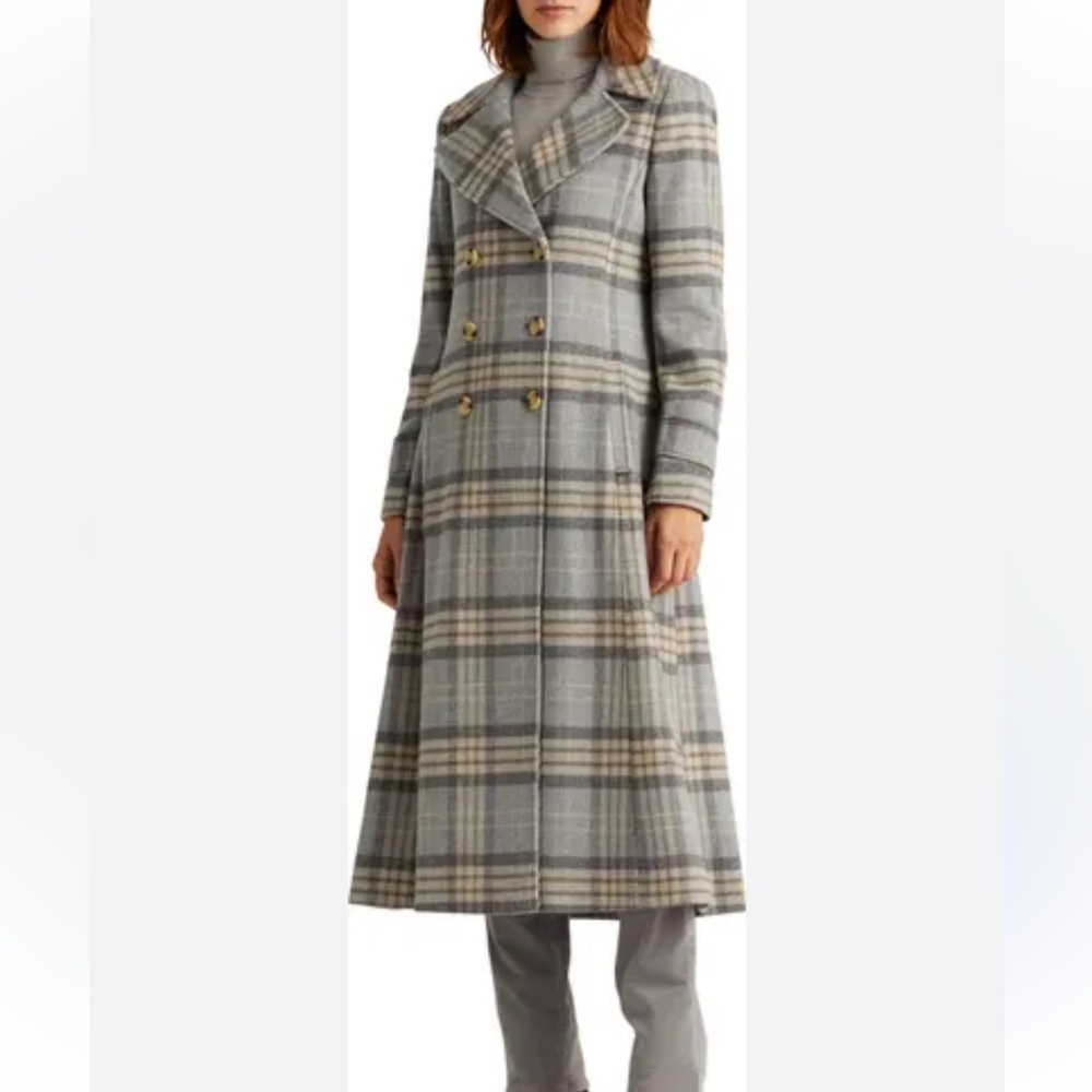 Lauren Ralph Lauren Wool Blend Double Breasted Plaid Coat